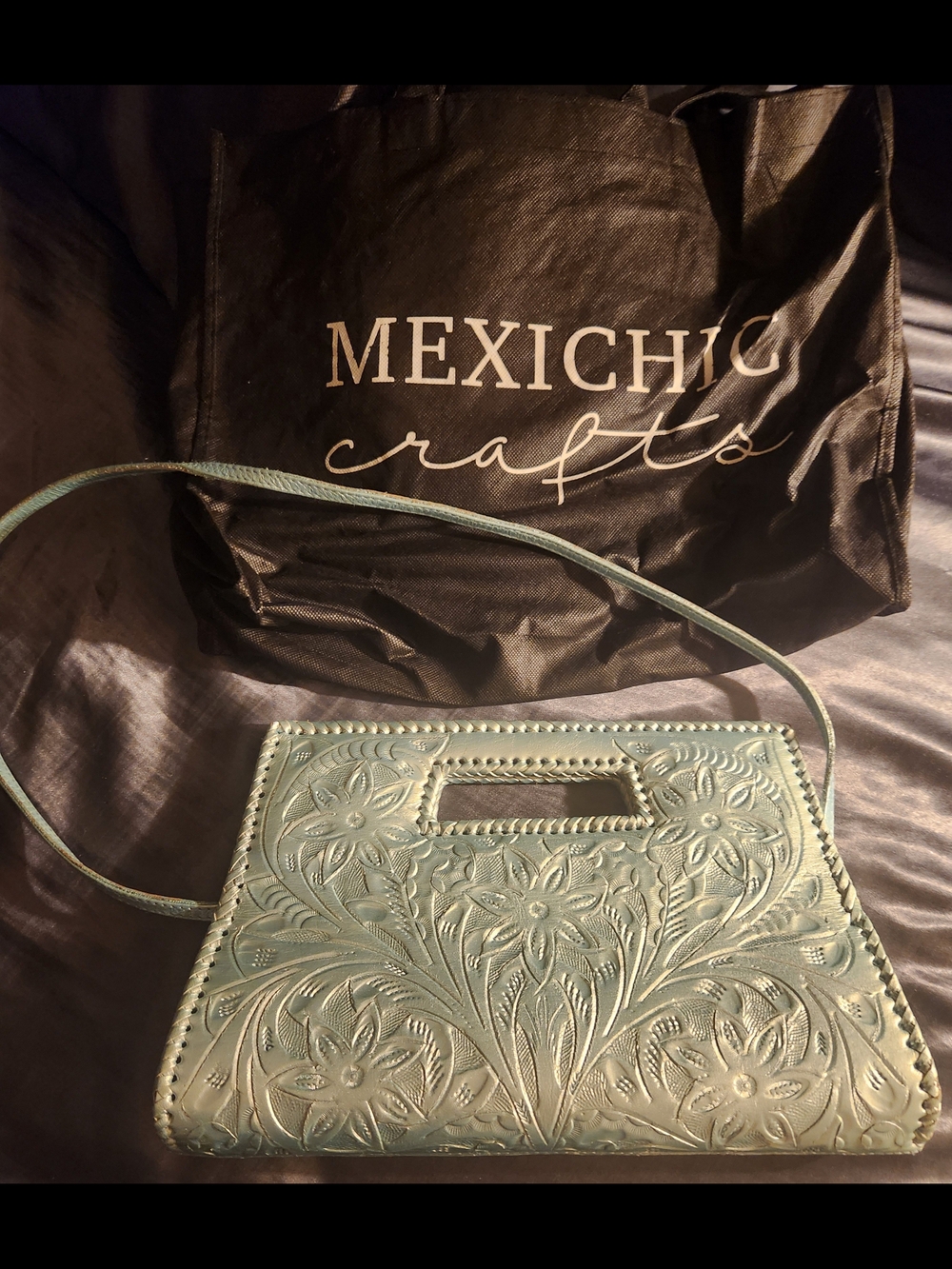 Embossed Floral Leather Crossbody Bag - Metallic Blue